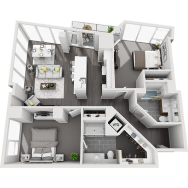 Rendering of the Quandary Peak floor plan with 2 bedroom[s] and 2 bathroom[s] at Country Club Towers
