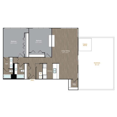 Rendering of the PH4 floor plan with 2 bedroom[s] and 2 bathroom[s] at Bayaud Tower