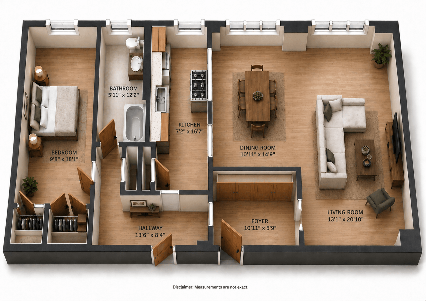 Rendering of the Aspen: Unit 307 floor plan with 1 bedroom[s] and 1 bathroom[s] at The Norman