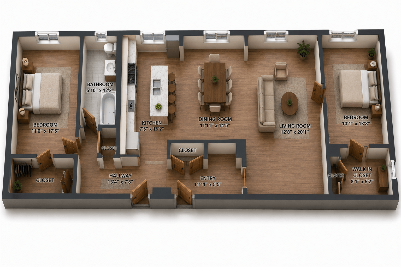 Rendering of the Basalt: Unit 305 floor plan with 2 bedroom[s] and 1 bathroom[s] at The Norman