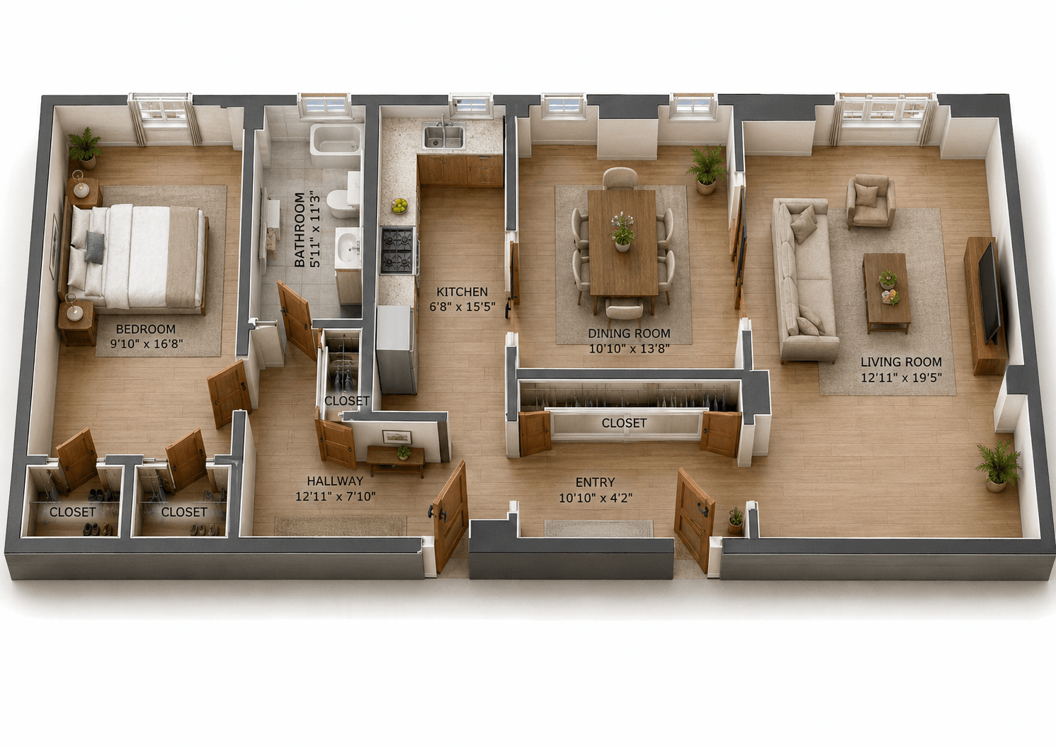 Rendering of the Ouray: Unit 103 floor plan with 1 bedroom[s] and 1 bathroom[s] at The Norman