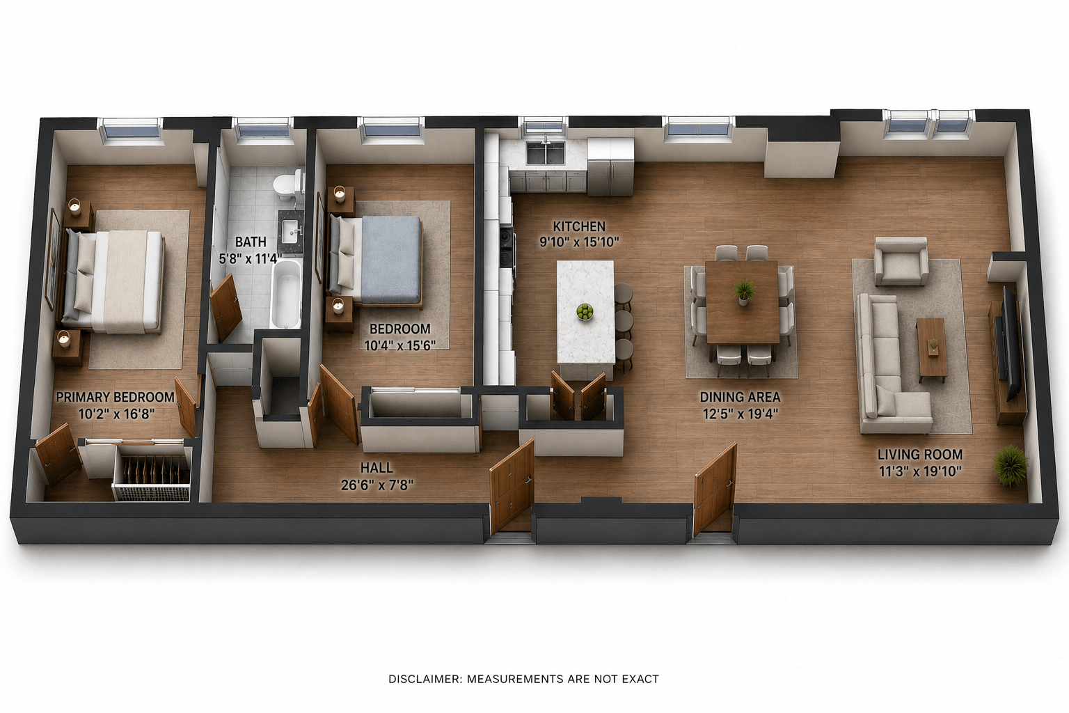 Rendering of the Granby: Unit 203 floor plan with 2 bedroom[s] and 1 bathroom[s] at The Norman